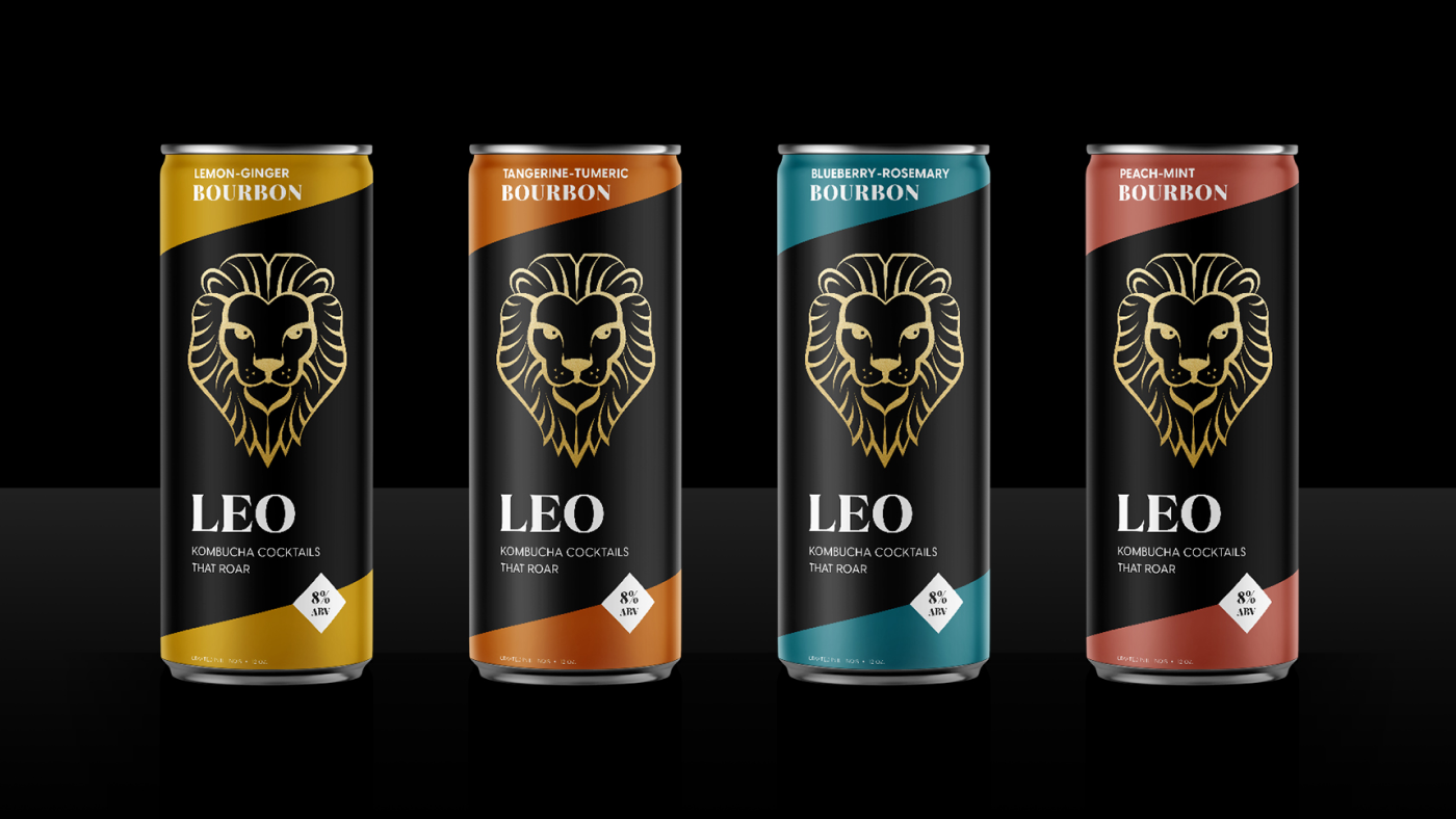 Leo cocktail packaging shown on clean, graphic cans with black and gold coloring