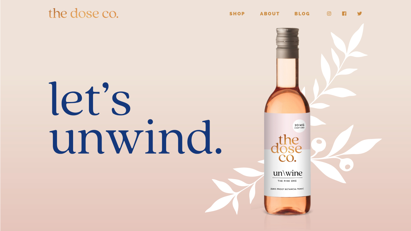 Landing page design for a CBD cocktail company. It reads Let’s Unwind, next to a wine bottle