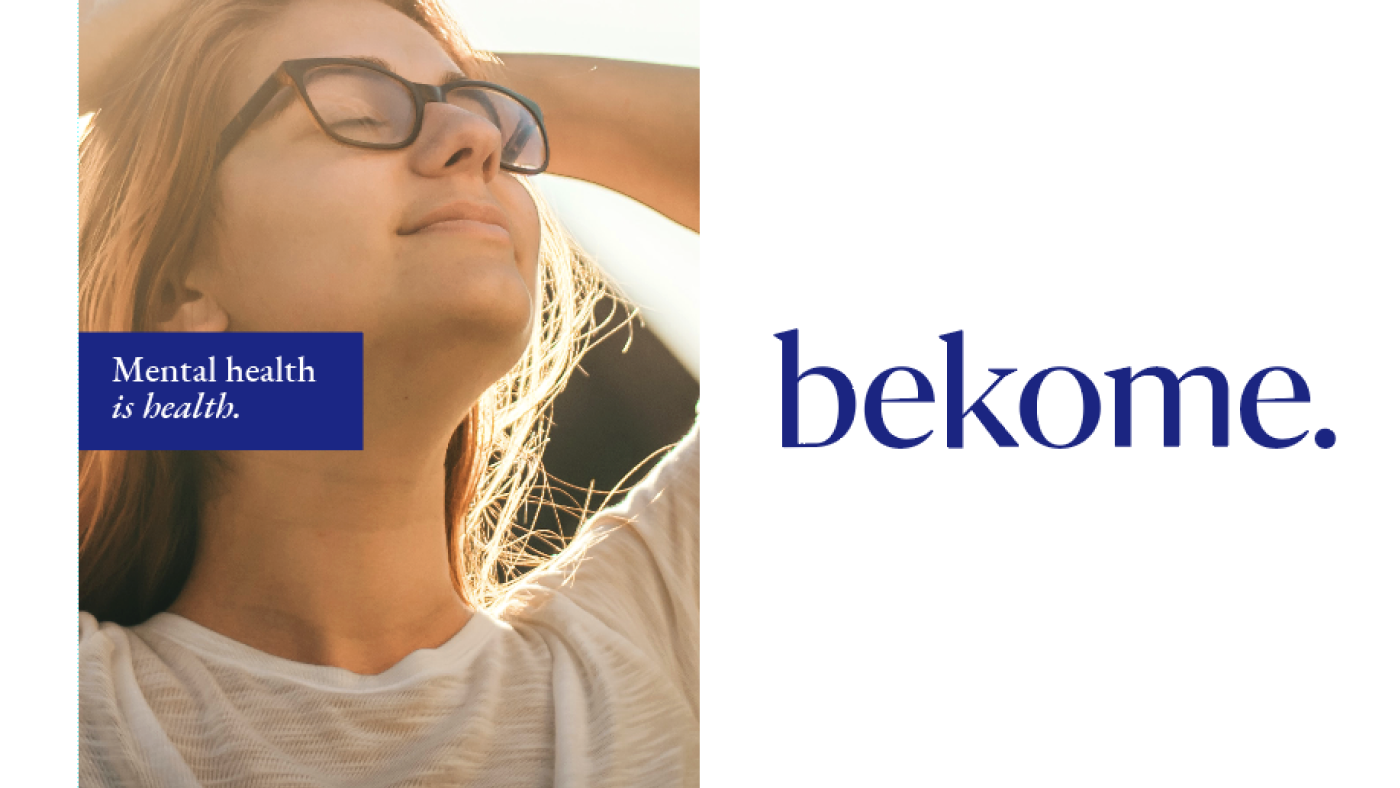 Bekome logo design with photo of relaxed, happy woman