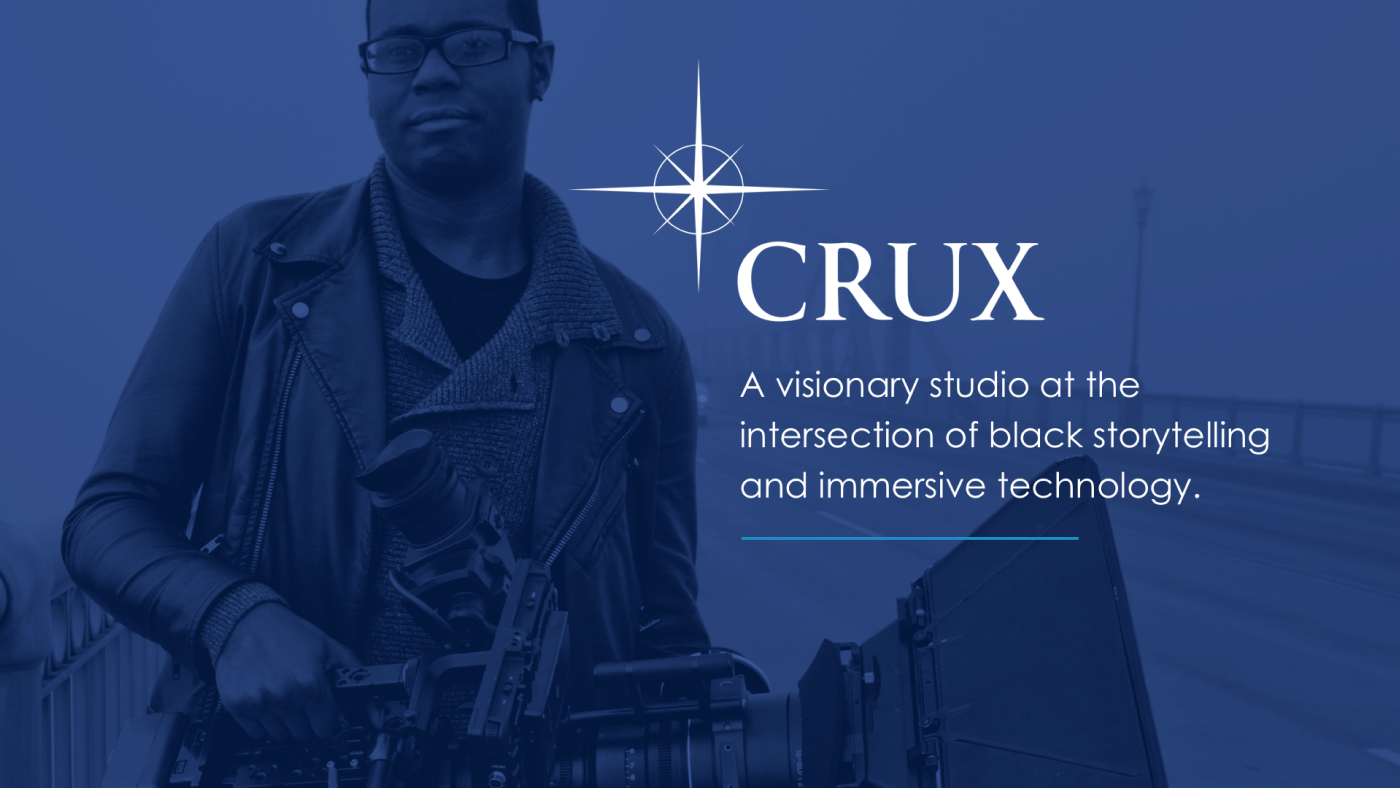 Crux slide design showing a duotone blue and navy photo of a film director