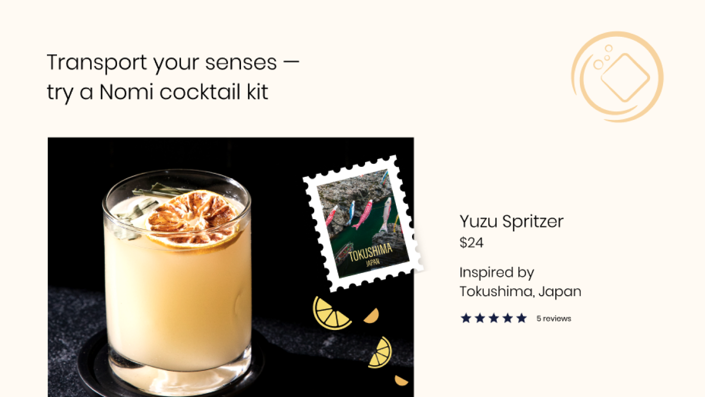 Web design for Nomi cocktails, showing a delicious-looking photo of a cocktail