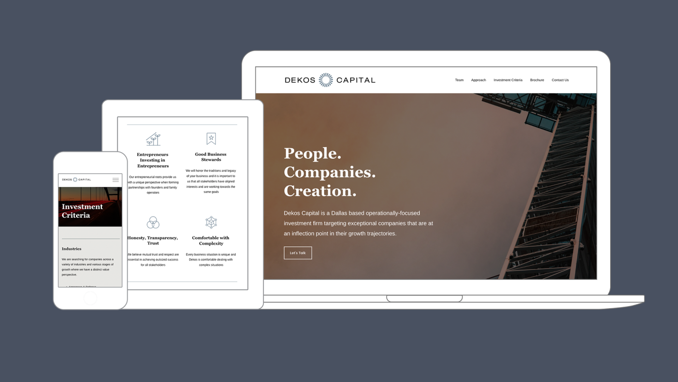 Web design for Dekos Capital, shown on phone, tablet, and laptop