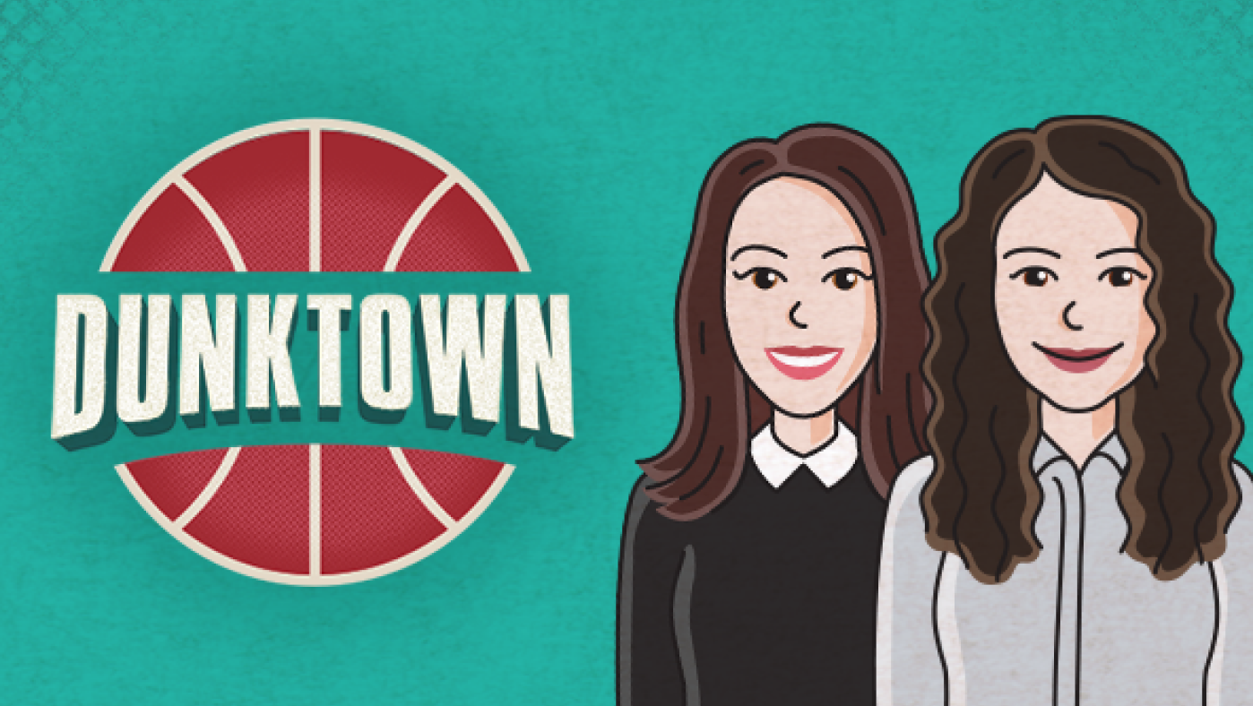 Logo for the podcast Dunktown shown on a teal background with cute illustrations of the hosts
