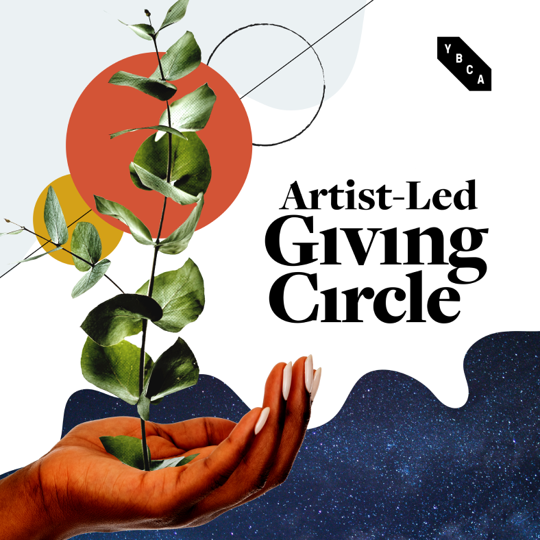 Artist-Led Giving Circle logo. Serif type surrounded by colorful collage pieces