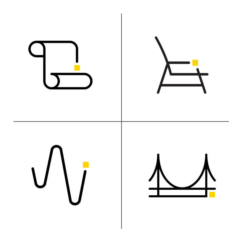 Four simple, clean icons depicting concepts  History, Industrial Design, Audio Design, and Urban Design