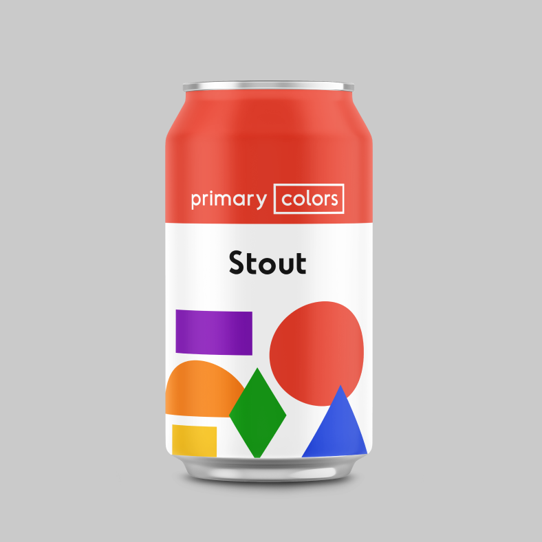 Beer packaging with bold graphic shapes in red, yellow, and blue