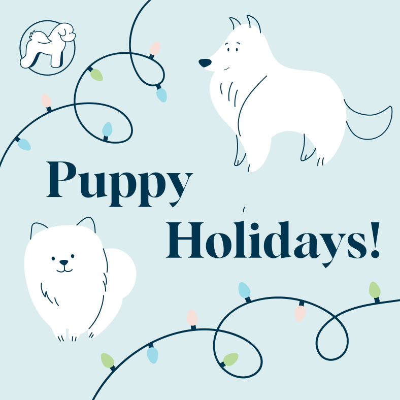 Holiday card design for Barkwood Grooming. Showing cute dog illustrations with the words Puppy Holidays