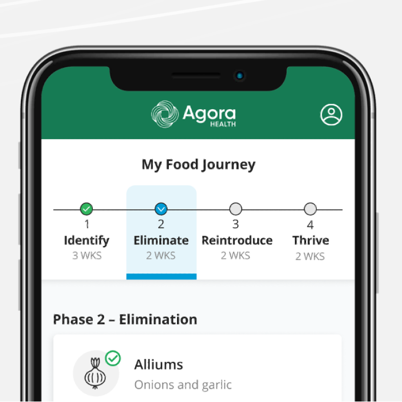 Agora Health UI showing food tracker for digestive issues