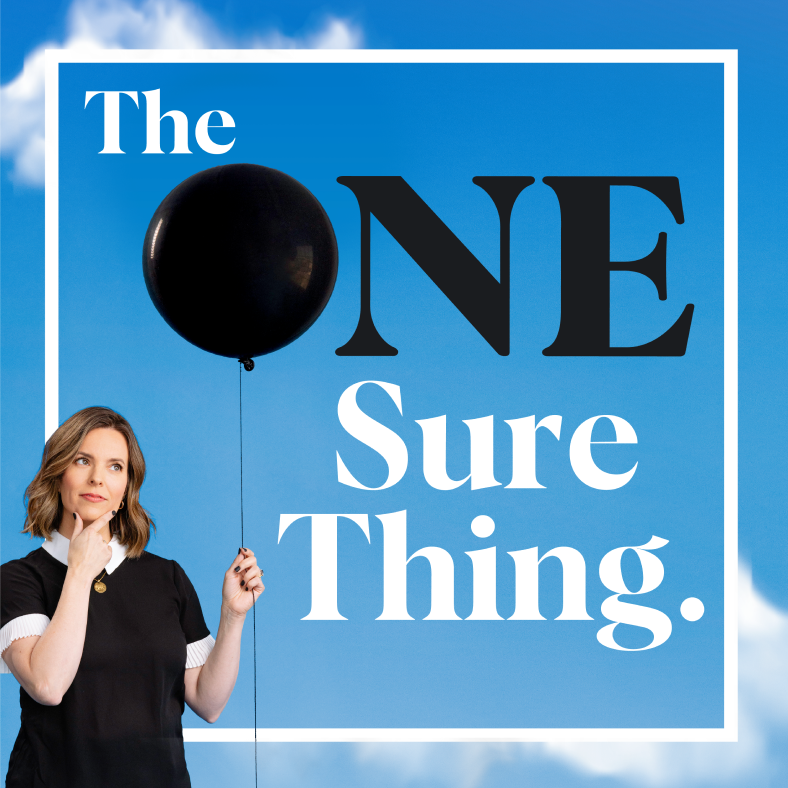 Logo for the podcast The One Sure Thing showing Elizabeth Laime with a black balloon