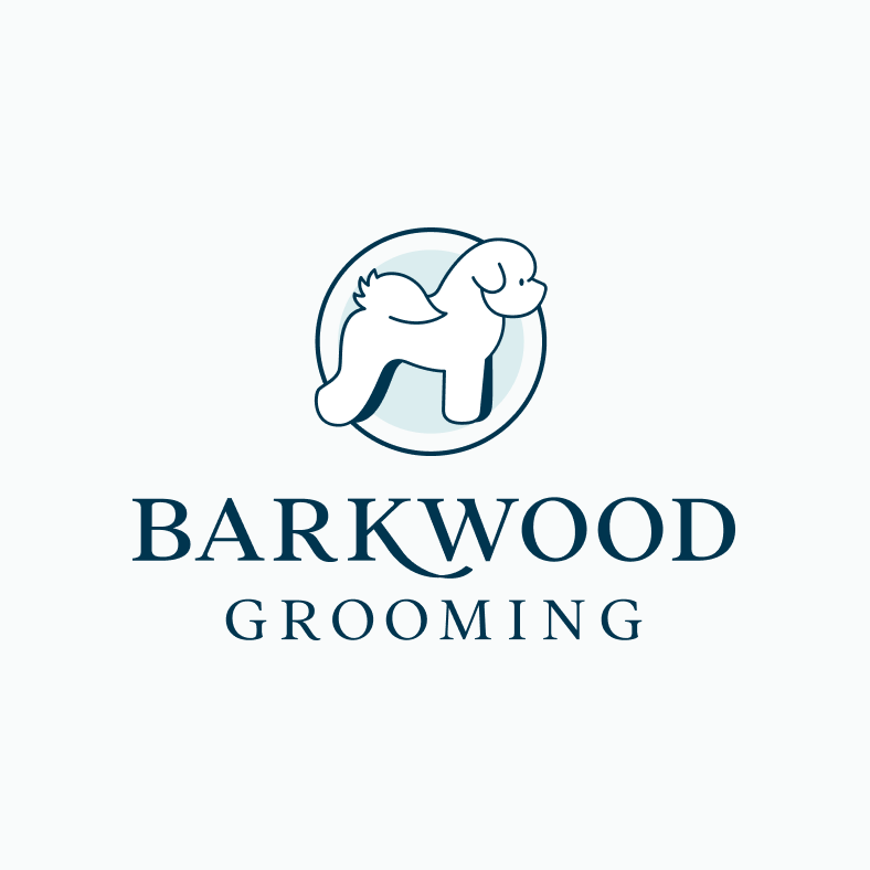 Barkwood logo design. Elegant serif logo with a dog icon